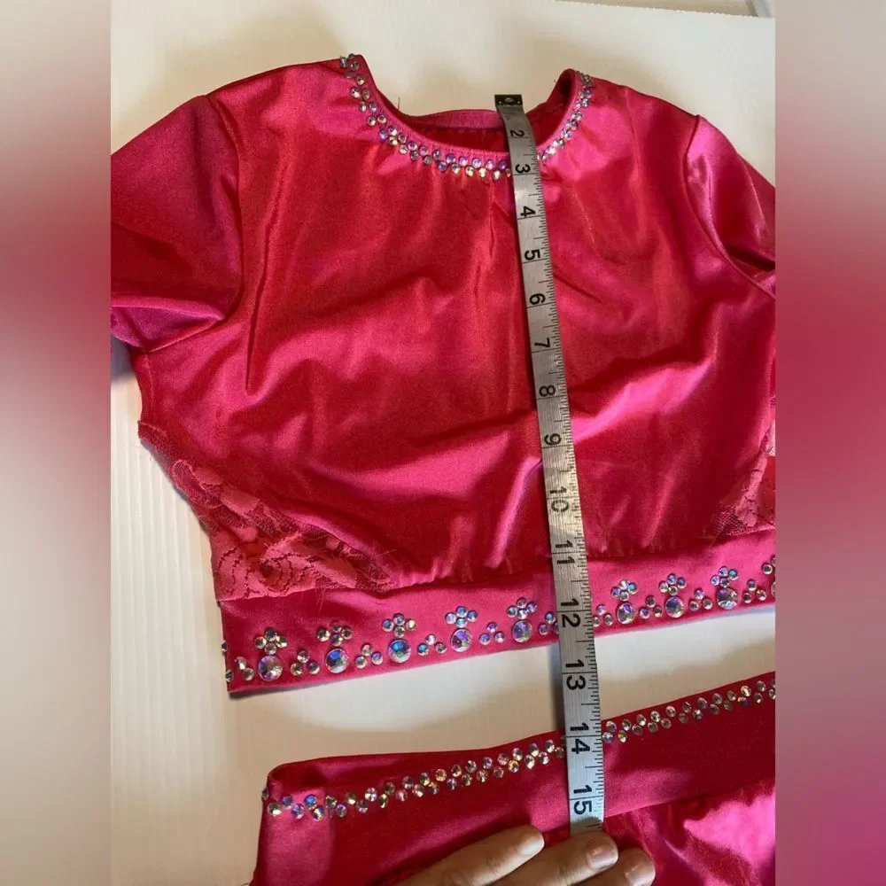Kelle solo dance custom costume 2 piece hot pink rhinestoned crop top Teen